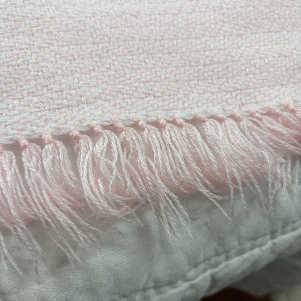 Vintage Feltman Bros Baby Blanket Pink Hand Loomed Soft Fringe Pink White READ - Picture 4 of 16